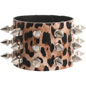 Leopard Spike Studded Leather Bracelet - Rock Punk Biker Wide Strap Leather Cuff Wristlets - Gothic Rivet Buckle Wristband