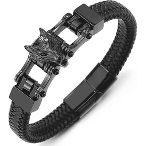 COOLSTEELANDBEYOND Men Steel Black Wolf Head Motorcycle Bike Chain Black Braided Leather Bangle Bracelet Magnetic Clasp