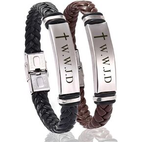 WWJD HWLF Bracelets -2 Pcs Braided Leather WWJD Bracelet with Cross Symbol for Men Inspirational Religious Reminder Jewerly Gift for Him Her