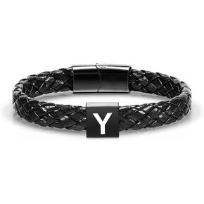 Leather Initial Bracelet for Men Boys, Stainless Steel A-Z Letter Clasp Mens Braided Black Leather Bracelets Jewelry Gifts