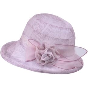 Womens Summer Bowler Bucket Hat with Gauze Flower Bow Ladies Tea Party Church Cloche Hat Breathable Foldable Sunscreen Sunhat