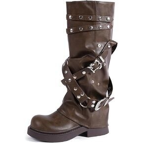 ClassicSter Fold Over Knee High Boots Slouch Boots for Women Chunky Goth Platform Boots,2 inch Heel Wide Calf Long Boots Square Toe Riding Boots