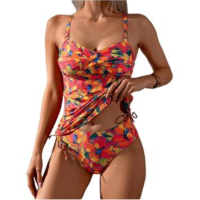 GORGLITTER Women's Floral Print Tankini Swimsuits Bow Tie High Waisted Bathing Suit Summer Beach Vacation Swim Wear