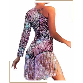 Asooll Sparkly Fringe Bodysuit Dance Comple Equin Romper Outfits for Women Silver