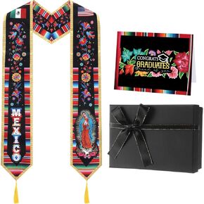 3 Pcs Mexican Graduation Sash Gift Set 72'' Hispanic Embroidery Mexican Graduation Stole with Tassel Black Gift Box Greeting Card for 2025 Adult College Unisex Grads Celebrate