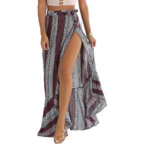 BIYOUTH Women's High-Waisted Boho Asymmetrical Hem Tie up Maxi Beach Skirt, Gray-purple, One Size