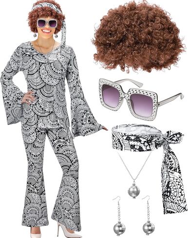 Jexine 7 Pcs 60s 70s Disco Outfits for Women Disco Party Costume Set Top Pants Sunglasses Ball Necklace Earring Wig Halloween in Saudi Arabia