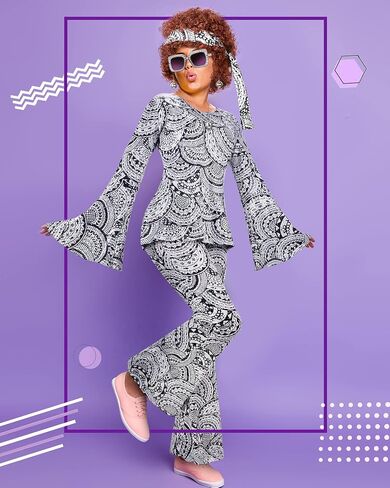 Jexine 7 Pcs 60s 70s Disco Outfits for Women Disco Party Costume Set Top Pants Sunglasses Ball Necklace Earring Wig Halloween in Saudi Arabia