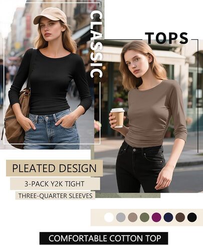 3 Pack Women's 3/4 Sleeve Shirts Slim Fit Side Ruched Tops Cotton Basic Crewneck Going Out Tees Y2k Outfits in Kuwait
