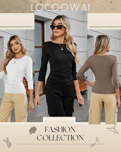 3 Pack Women's 3/4 Sleeve Shirts Slim Fit Side Ruched Tops Cotton Basic Crewneck Going Out Tees Y2k Outfits in Kuwait