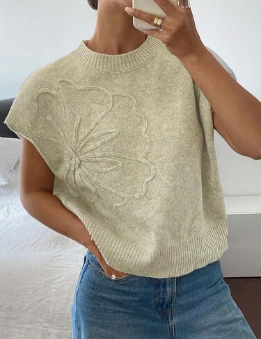 Womens Floral Sweater Vest Cute Cap Sleeve Tops 3D Flower Decor Knit Tank Top Loose Spring Fall Summer Clothes 2025 in Kuwait