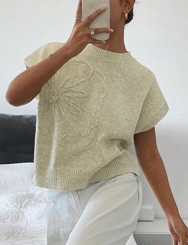 Womens Floral Sweater Vest Cute Cap Sleeve Tops 3D Flower Decor Knit Tank Top Loose Spring Fall Summer Clothes 2025 in Kuwait