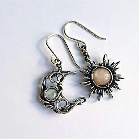 Boho Opal Sun and Moon Drop Dangle Earrings Moonstone Natural Stone Hook Bohemian for Women Asymmetrical Antiqued Silver Celestial Jewelry-Opal Red in Saudi Arabia