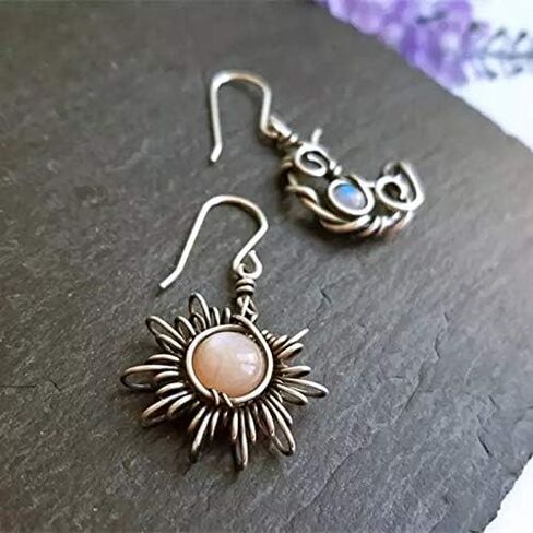 Boho Opal Sun and Moon Drop Dangle Earrings Moonstone Natural Stone Hook Bohemian for Women Asymmetrical Antiqued Silver Celestial Jewelry-Opal Red in Saudi Arabia