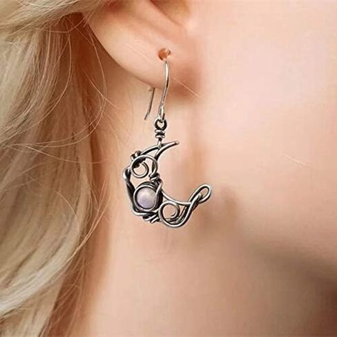 Boho Opal Sun and Moon Drop Dangle Earrings Moonstone Natural Stone Hook Bohemian for Women Asymmetrical Antiqued Silver Celestial Jewelry-Opal Red in Saudi Arabia