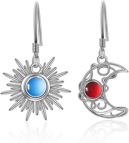 Boho Opal Sun and Moon Drop Dangle Earrings Moonstone Natural Stone Hook Bohemian for Women Asymmetrical Antiqued Silver Celestial Jewelry-Opal Red in Saudi Arabia