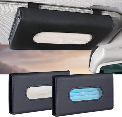 Car Tissue Holder, 2 Pack Sun Visor Napkin Holder, Premium PU Leather, Car Mask Holder for Sun Visor Vehicle, with Tissue Refill, Black&Beige in Kuwait