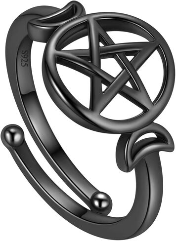 Jewmon 925 Sterling Silver Pentacle Pentagram Ring for Women Wiccan Triple Moon Ring Ring قابلة للتعديل آلهة تميمة التفاف مفتوحة حلقة هدايا مجوهرات الوثنية لأمي ابنة in Kuwait