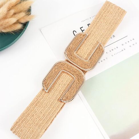 Women's Braided Thick Belt Fashion Holeless Wide Raffia Holeless Elastic Beach Chunky Belt for Summer Dress in Saudi Arabia