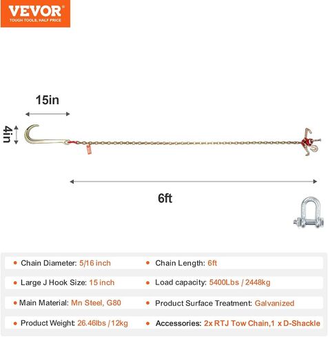 سلسلة Hook Hook Vevor J ، 2pcs 5/16 "× 6 'G80 15" Long Shank J Hook Tow Shail مع خطاف RTJ Clustr in Saudi Arabia