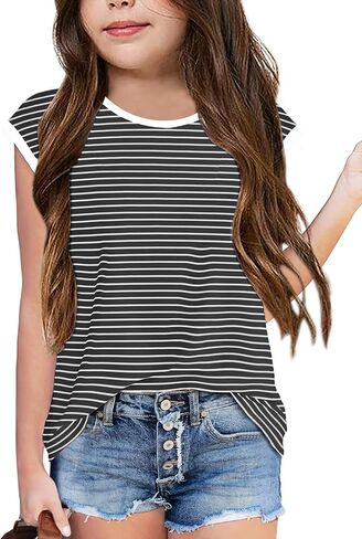 Vivitulip Girl’s Cap Sleeve Summer Tops Color Block Striped Loose Fit Kid’s Cami Shirts in Kuwait