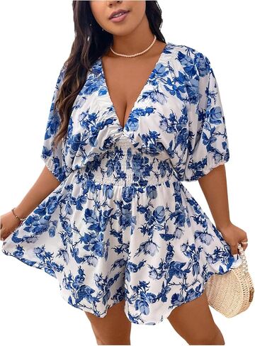 Floerns Women's Plus Size Floral Dolman Sleeve V Neck Romper One Piece Jumpsuit in Saudi Arabia