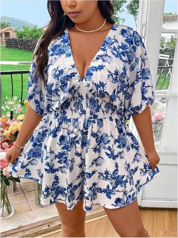 Floerns Women's Plus Size Floral Dolman Sleeve V Neck Romper One Piece Jumpsuit in Saudi Arabia