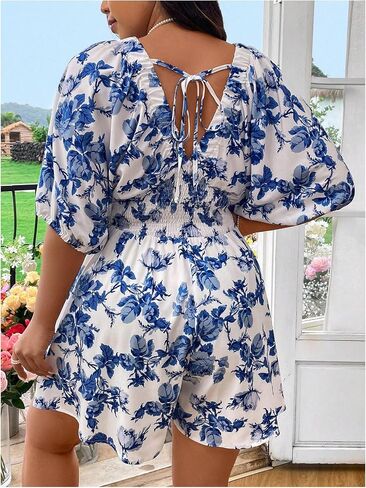 Floerns Women's Plus Size Floral Dolman Sleeve V Neck Romper One Piece Jumpsuit in Saudi Arabia