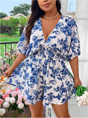 Floerns Women's Plus Size Floral Dolman Sleeve V Neck Romper One Piece Jumpsuit in Saudi Arabia