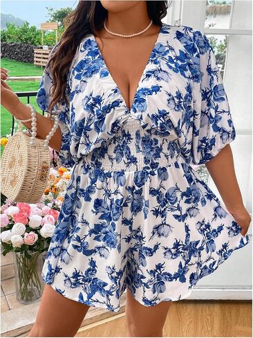 Floerns Women's Plus Size Floral Dolman Sleeve V Neck Romper One Piece Jumpsuit in Saudi Arabia
