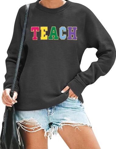 ALLTB Teacher Sweatshirt for Womens Colorful Retro Teacher Pullover Embroidery Teacher Life Casual Long Sleeve Tops in Saudi Arabia
