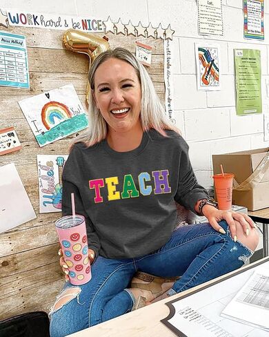 ALLTB Teacher Sweatshirt for Womens Colorful Retro Teacher Pullover Embroidery Teacher Life Casual Long Sleeve Tops in Saudi Arabia