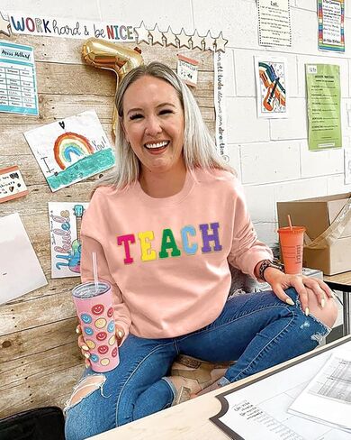 alltb teacher sweatshirt for womens colorful Retro Teacher Pullover Pullover Exteor Teacher Life Long Long Sleeve Tops in Saudi Arabia