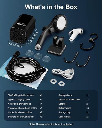 AUTOPkio Portable Camping Shower Pump - 6000mAh Rechargeable Camp Shower Pump with USB Cable & Electric Outdoor Shower Head Sprayer for Camping, Hiking, Pet Bathing, Washing in Saudi Arabia