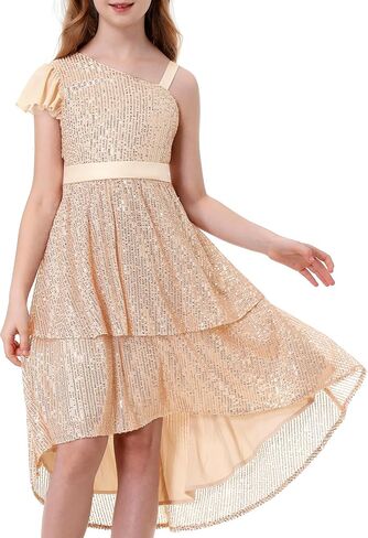 LOLANTA Girls Sequin Party Dress One Shoulder Layered Sparkle High Low Dresses for Birthday Graduation Prom in Saudi Arabia