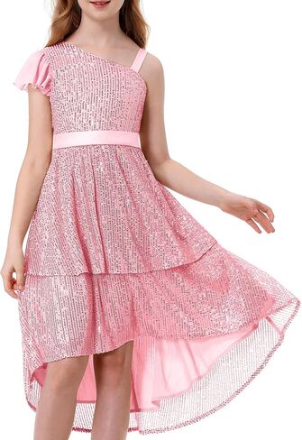LOLANTA Girls Sequin Party Dress One Shoulder Layered Sparkle High Low Dresses for Birthday Graduation Prom in Saudi Arabia