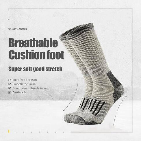 SOX TOWN Men's Merino Wool Cushion Crew Socks Moisture Wicking Control for Outdoor Hiking Work Boot Thermal Warm All Seasons in Kuwait