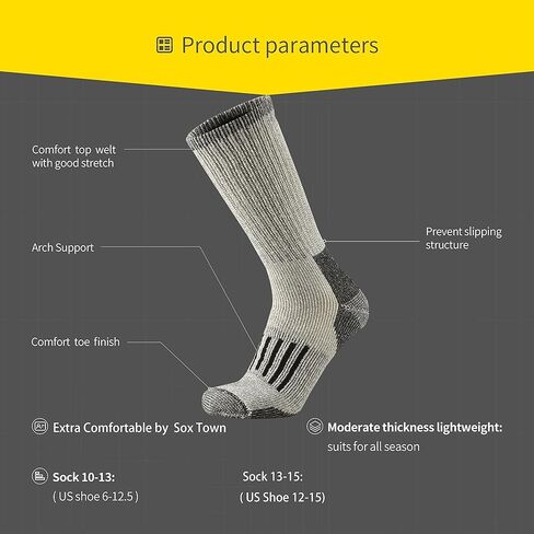 SOX TOWN Men's Merino Wool Cushion Crew Socks Moisture Wicking Control for Outdoor Hiking Work Boot Thermal Warm All Seasons in Kuwait