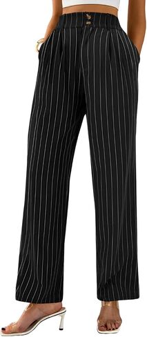 Auxdio Womens Straight Leg Pants عرضة عالية عالية الخصر سراويل مزدوجة الأزرار in Saudi Arabia