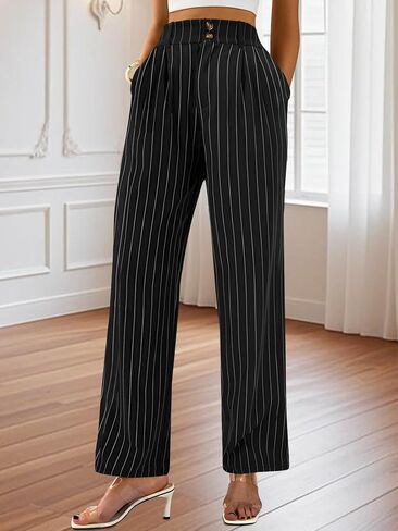 Auxdio Womens Straight Leg Pants عرضة عالية عالية الخصر سراويل مزدوجة الأزرار in Saudi Arabia