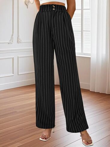 Auxdio Womens Straight Leg Pants عرضة عالية عالية الخصر سراويل مزدوجة الأزرار in Saudi Arabia