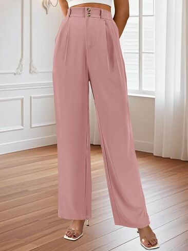 Auxdio Womens Straight Leg Pants عرضة عالية عالية الخصر سراويل مزدوجة الأزرار in Saudi Arabia