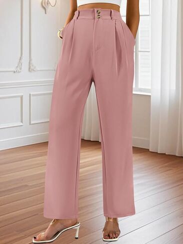 Auxdio Womens Straight Leg Pants عرضة عالية عالية الخصر سراويل مزدوجة الأزرار in Saudi Arabia