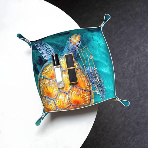 Valet Tray for Women Wife Girlfriend Girls – Catchall Bedside Vanity Tray, Nightstand Caddy Leather Holder for Keys, Phone, Wallet, Coins, Trinkets & Jewelry Sea Turtle 008 in Kuwait