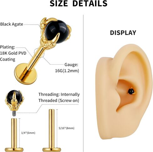 FINE4U 16G ASTM F136 Titanium Dragon Claw Piercing Jewelry Stud with 6mm 8mm post for Conch Helix Tragus Flat, Hypoallergenic Internally Threaded in Saudi Arabia