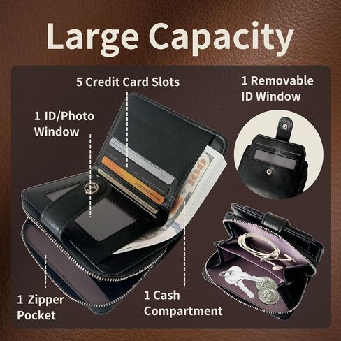 Wallet Women Small Leather Bifold Billfolds Zipper Coin Pocket Cash Compact Credit Card Holder with Detachable ID Window (Beige Brown) in Saudi Arabia