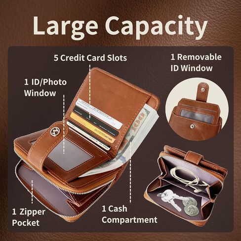 Wallet Women Small Leather Bifold Billfolds Zipper Coin Pocket Cash Compact Credit Card Holder with Detachable ID Window (Beige Brown) in Saudi Arabia