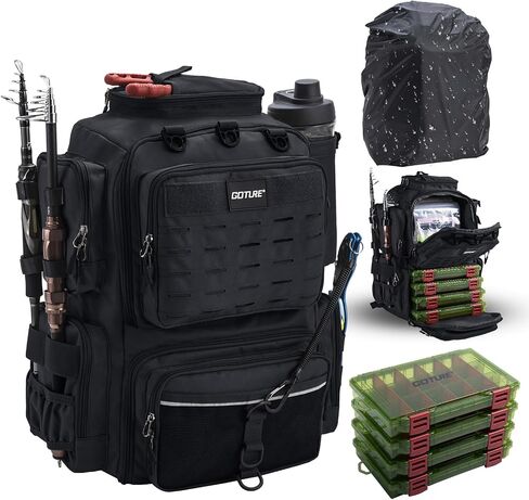 Goture Fishing Backpack with 4 Tackle Boxes,Fishing Tackle Backpack with Rod Holders,600D Large Fishing Bag Storage Fishing Gear Tackle Bag with 8 Lure Pockets,Rain Cover for Camping Hiking in Saudi Arabia