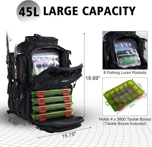 Goture Fishing Backpack with 4 Tackle Boxes,Fishing Tackle Backpack with Rod Holders,600D Large Fishing Bag Storage Fishing Gear Tackle Bag with 8 Lure Pockets,Rain Cover for Camping Hiking in Saudi Arabia
