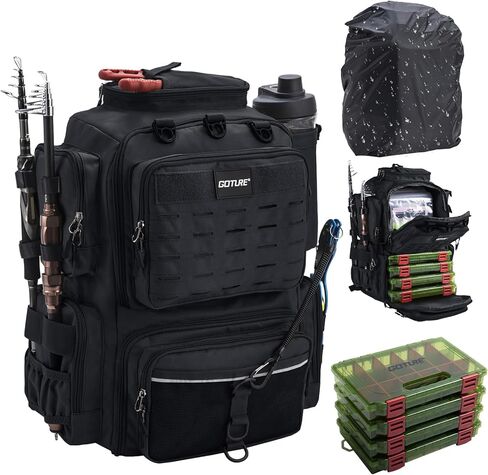 حقيبة ظهر لصيد الأسماك مع 4 صناديق معالجة، حقيبة ظهر لصيد الأسماك مع حاملات للقضيب، حقيبة صيد كبيرة 600D لتخزين معدات صيد الأسماك، حقيبة معالجة مقاومة للماء مع غطاء مطر للتخييم والمشي لمسافات طويلة in Kuwait